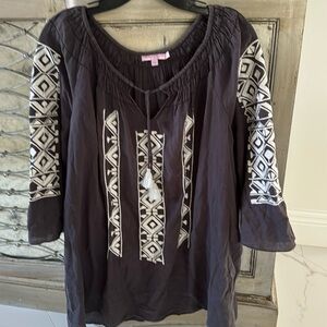 Calypso embrodiered 3/4 length sleeve cotton dark gray shirt blouse, size large